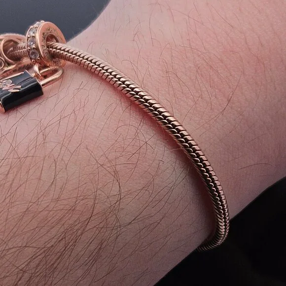 MET Pandora Rose Tone Charm Bracelet Love Padlock Entwined Hearts Beads - Picture 2 of 11